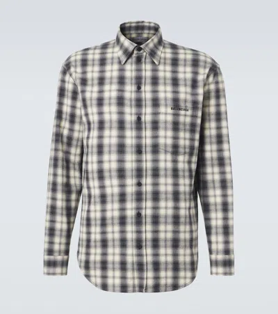 Balenciaga Checkered Cotton Flannel Shirt With Embroidered Chest Pocket Logo In Bianco