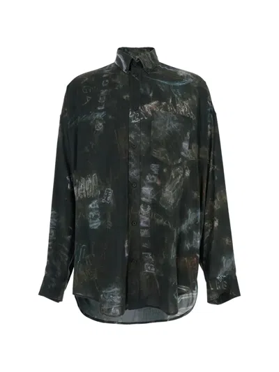Balenciaga Cocoon Washed Crayon Allover Viscose Poplin Shirt In Black
