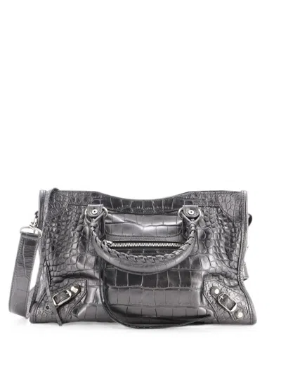 Pre-owned Balenciaga City Classic Studs Bag Crocodile Embossed Leather Small Satchel In Grey