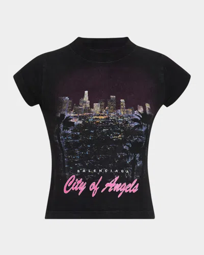 Balenciaga City Of Angels Cropped Printed Stretch-cotton Jersey T-shirt In Multi