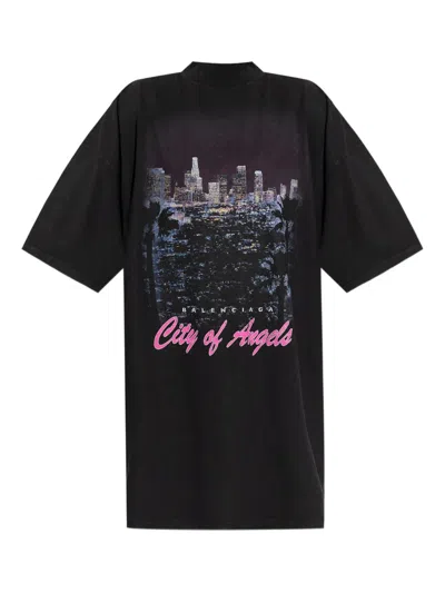 Balenciaga City-print T-shirt Mini Dress In Black