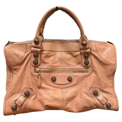 Pre-owned Balenciaga Classic Part Time Giant 12 Rose Gold Studs Pink Lambskin Tote Bag In Red