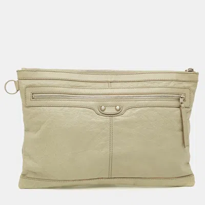 Pre-owned Balenciaga Clip L Classic Hardware Olive Grey Leather Clutch In Gray