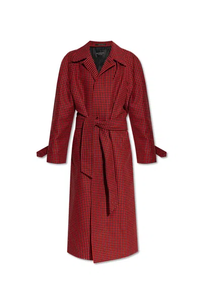 Balenciaga Houndstooth-pattern Belted Coat In Red