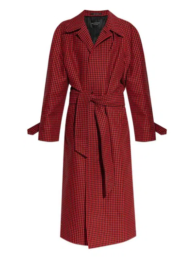 Balenciaga Houndstooth-pattern Belted Coat In Red