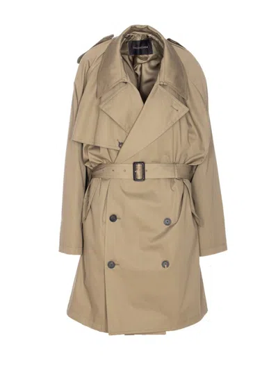 Balenciaga Beige Double-breasted Cotton Trench Coat In Brown