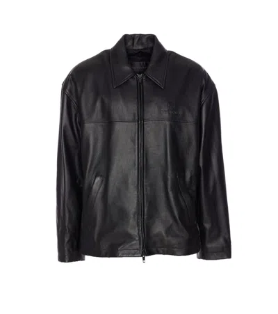 Balenciaga Leather Jacket With Embossed Logo And Pockets In Black