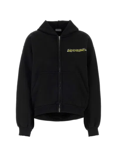 Balenciaga Oversize Hooded Cotton Sweatshirt Kangaroo Pockets In Black