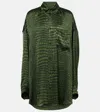 Balenciaga Crocodile Print Satin Button Down Cocoon Blouse In Green