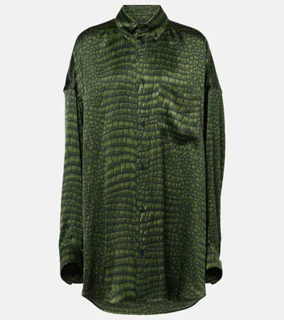 Balenciaga Crocodile Print Satin Button Down Cocoon Blouse In Green