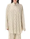 Balenciaga Beige Oversized Shirt With All-over Printed Logo In Viscose Woman In Neutral