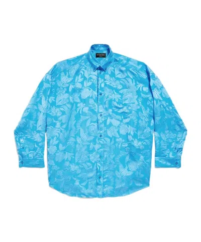 Balenciaga Floral-jacquard Cocoon Long-sleeve Shirt In Blue