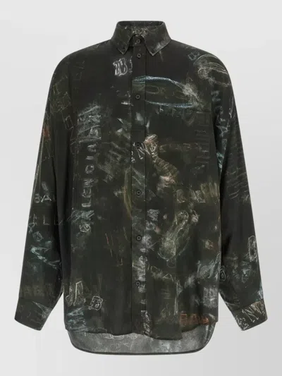 Balenciaga Cocoon Washed Crayon Allover Viscose Poplin Shirt In Black