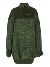 Balenciaga Crocodile Print Satin Button Down Cocoon Blouse In Green