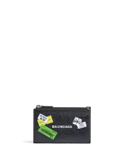 Balenciaga Coin And Card Holder In Arena Leather With Multicolor Printed Stickers In Black