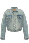 Balenciaga Light Blue Cropped Jacket With Logo Patch At The Back In Cotton Denim Woman In Blue