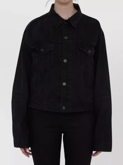 Balenciaga Collared Denim Jacket With Crinkled Sleeves In Black
