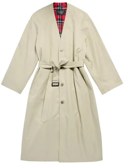 Balenciaga V-neck Belted Cotton Trench Coat In Neutrals