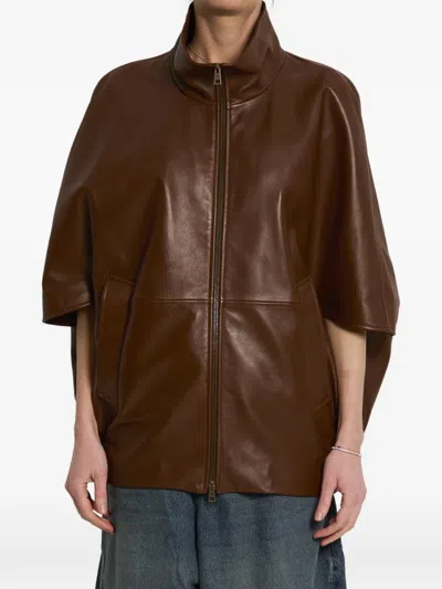 Balenciaga High Collar Silk Nylon Short Sleeve Jacket In Brown