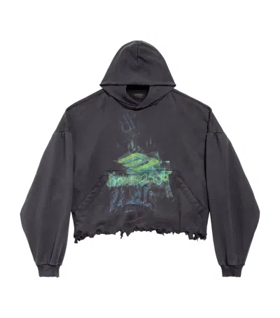 Balenciaga Cotton Cropped Graphic Hoodie In Black