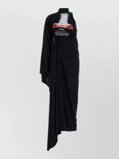 Balenciaga Cotton Dress One Shoulder Graphic Print Midi In Black