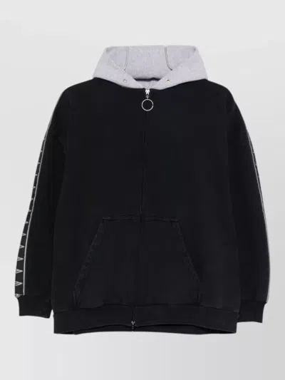 Balenciaga Cotton Hooded Sweater Front Pockets Ribbed In Black