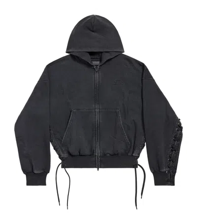 Balenciaga Cotton Lace-up Zip Hoodie In Black