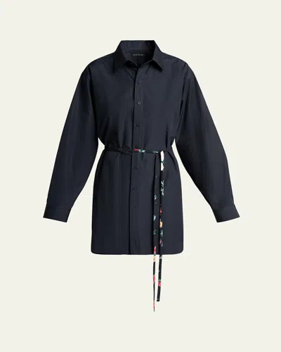 Balenciaga Cotton Poplin Mini Shirtdress With Floral Sash In Gray