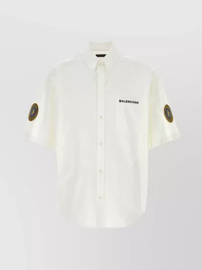Balenciaga Cotton Poplin Shirt With Short Sleeves And Embroidered Patches In White