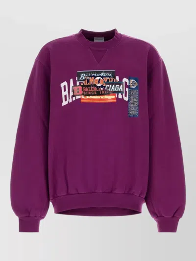 Balenciaga Cotton Sweatshirt Crew Neck Graphic Logo In Purple