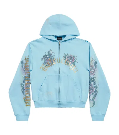Balenciaga Cotton Tacky Tattoo Zip-up Hoodie In Light Blue