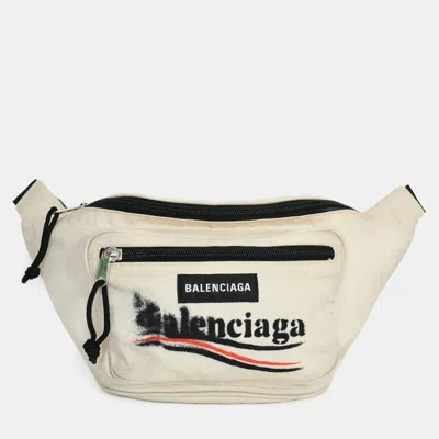 Pre-owned Balenciaga Cream Canvas Graffiti Logo Belt Bag In White
