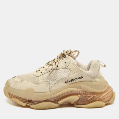 Pre-owned Balenciaga Cream Faux Leather And Mesh Triple S Clear Lace Up Sneakers Size 39