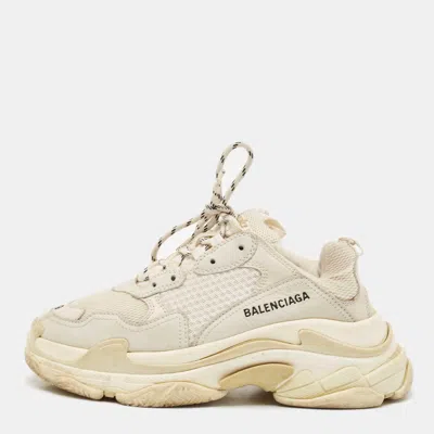 Pre-owned Balenciaga Cream Faux Leather And Mesh Triple S Sneakers Size 39