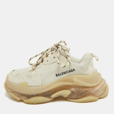 Pre-owned Balenciaga Cream Mesh And Faux Leather Triple S Clear Sole Sneakers Size 36