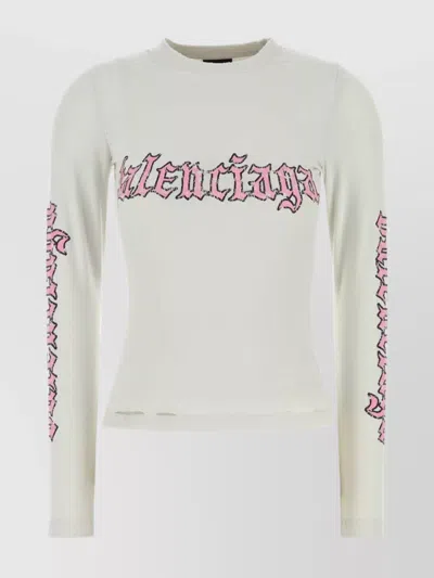 Balenciaga Crew Neck Graphic Print Long Sleeves Top In Gold