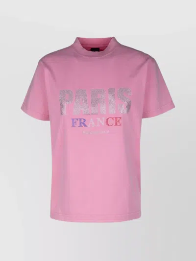 Balenciaga Crew Neck Graphic Print Short Sleeves Top In Pink