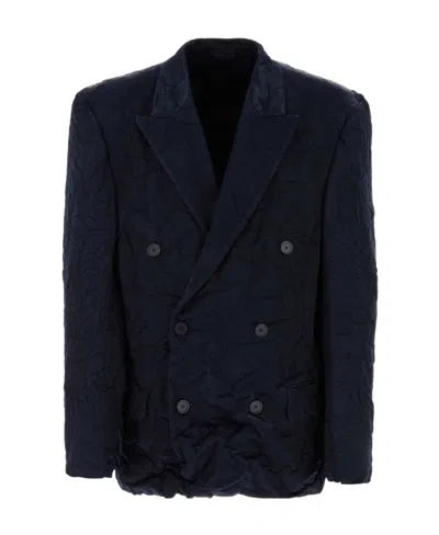 Balenciaga Crinkle-effect Double-breasted Blazer In Blue