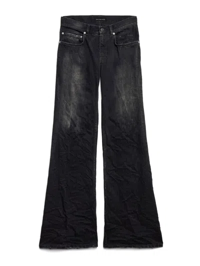 BALENCIAGA CRINKLED EFFECT WIDE LEG JEANS WITH WASHED AND WORN-OUT DETAILS