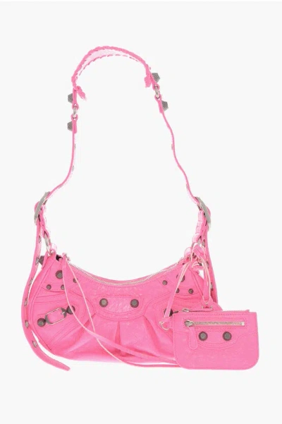 Balenciaga Crinkled Fluorescent Leather Le Cagole Shoulder Bag With Hea In Pink