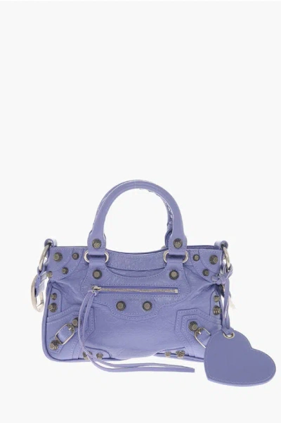 Balenciaga Crinkled Leather Le City Shoulder Bag With Metal Details In Purple