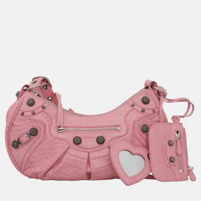 Pre-owned Balenciaga Croc-embossed Small Le Cagole Bag In Pink