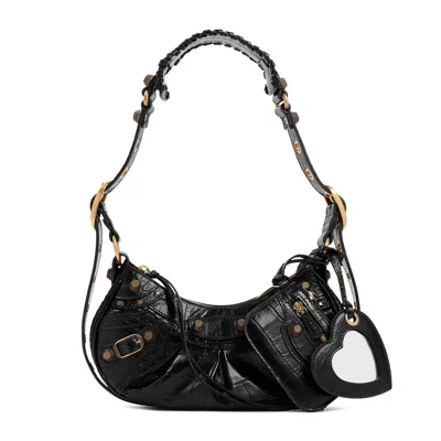 Balenciaga Croco-print Leather Crossbody Handbag With Decorative Studs And Buckles In Black