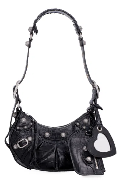 Balenciaga Croco-print Leather Shoulder Handbag With Decorative Studs And Rhinestones In Black