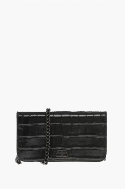 Balenciaga Crocodile Effect Embossed Leather Smartphone Holder With Cha In Black
