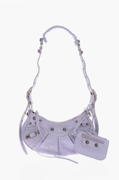 Balenciaga Crocodile Effect Leather Le Cagole Shoulder Bag With Metal D In Purple