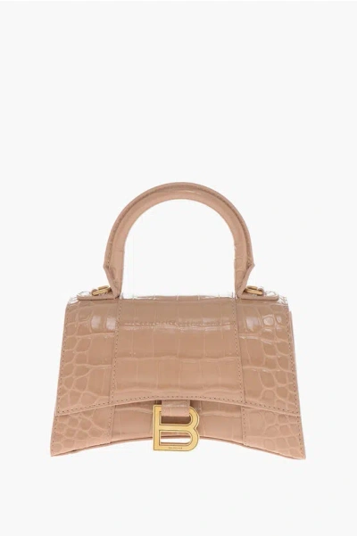 Balenciaga Crocodile Effect Patent Leather Hourglass Xs Handbag With Re In Brown