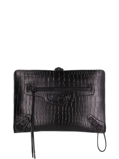 Balenciaga Crocodile-embossed Clutch Bag In Black