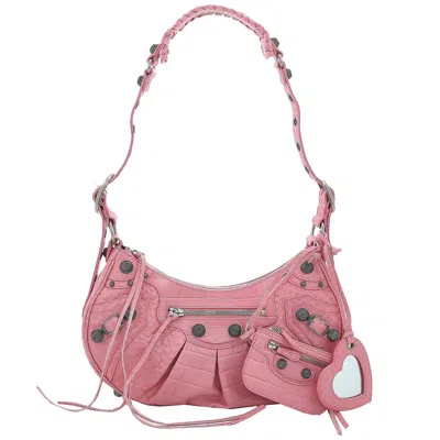 Balenciaga Crocodile Embossed Small Le Cagole Shoulder Bag In Sweet Pink