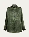 Balenciaga Crocodile Print Satin Button Down Cocoon Blouse In Green